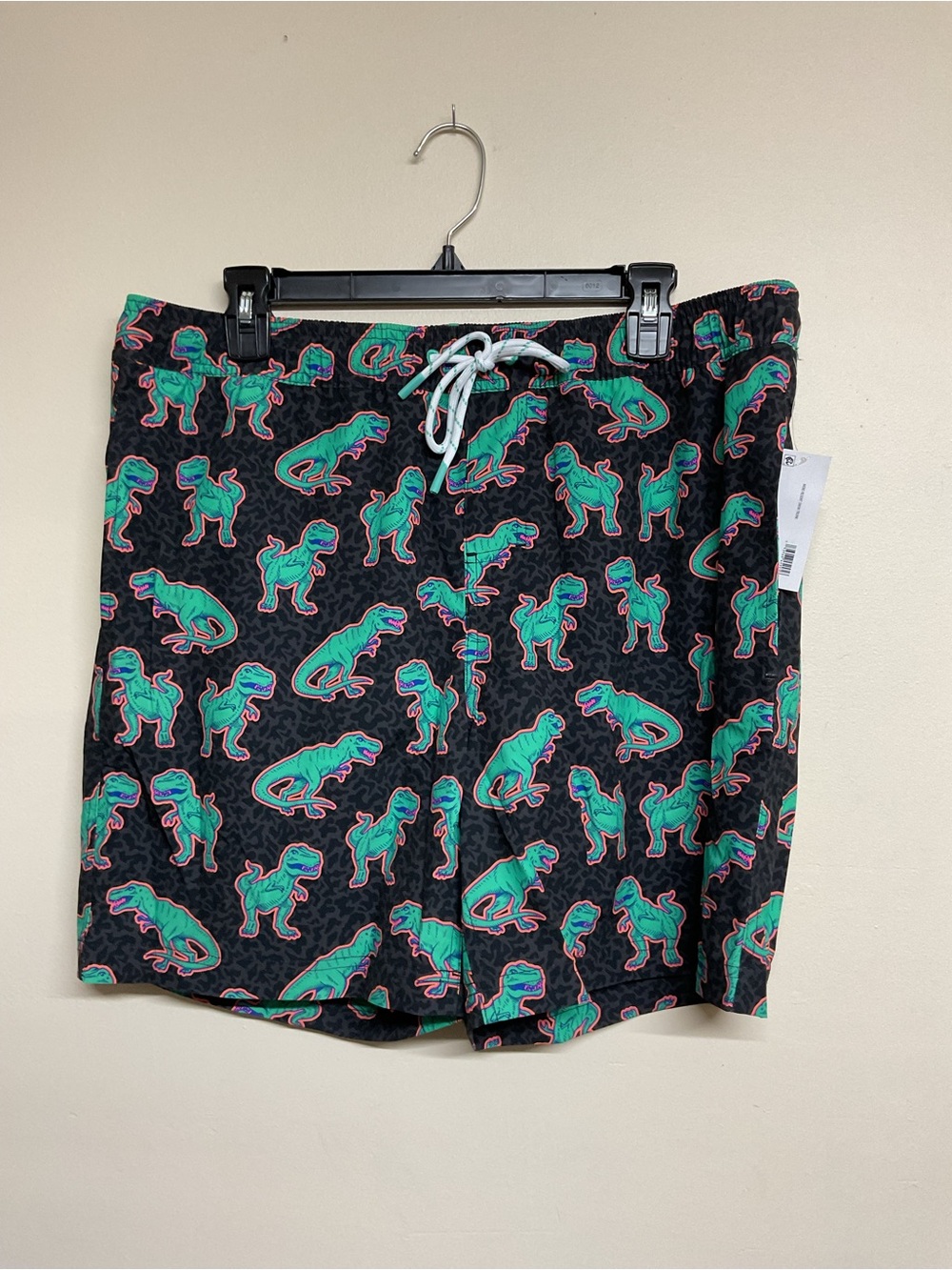 Men's Black Swim Trunks with Green & Teal Dino Print